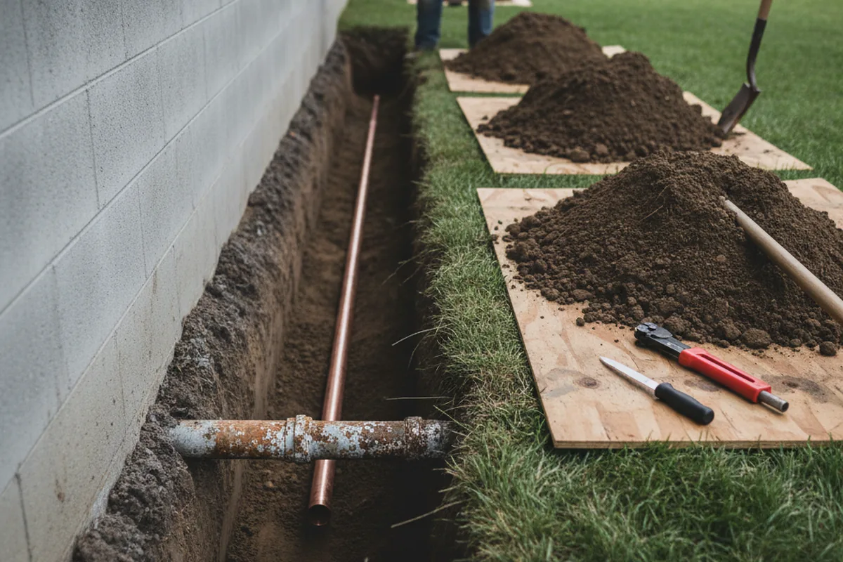 Excavated water line trench during Sewer Line Repair in Crawfordsville